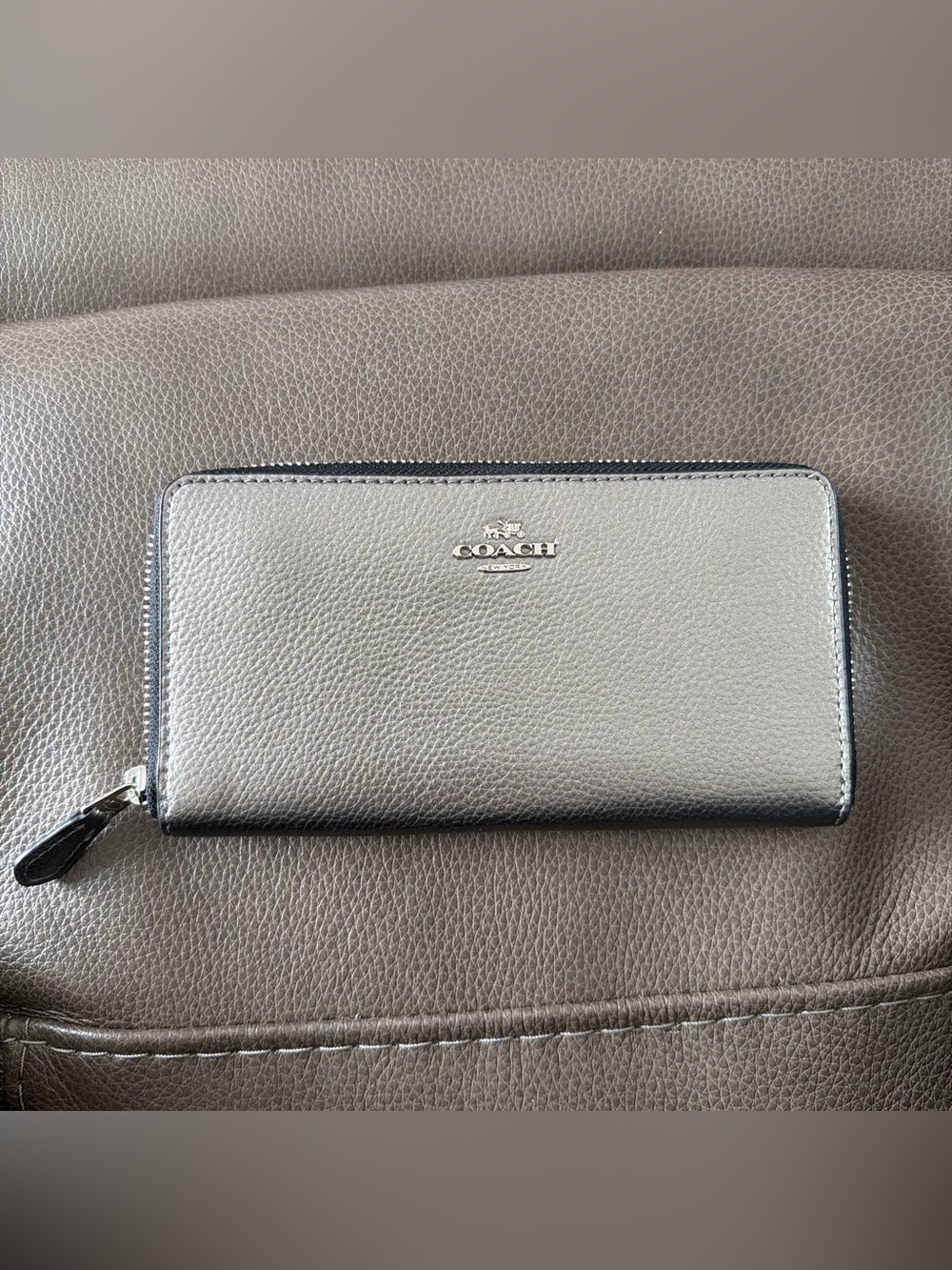 Coach Metallic Silver Pebbled Leather Zip Wallet